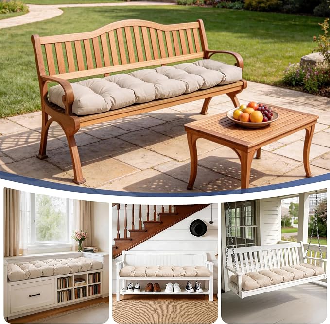 IASEAHK Outdoor Bench Cushion 48x18x5 Inch, Waterproof & Fade-Resistant Patio Furniture Cushions, Tufted Memory Foam Indoor/Outdoor Cushions for Couch Porch Swing with Non-Slip Backing & Straps, Beige