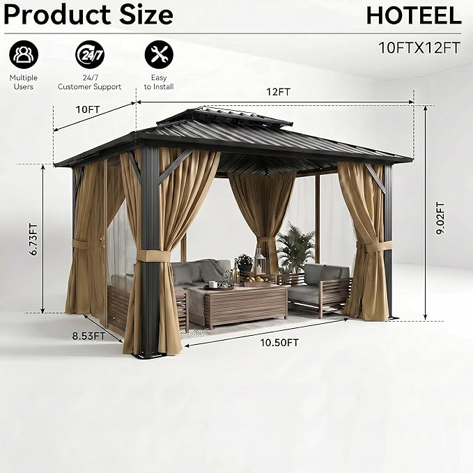 HOTEEL 10x12 Hardtop Gazebo on Clearance with Galvanized Steel Double Roof, Heavy Duty Gazebo with Flame-Retardant Curtain & Netting,Aluminum Frame Outdoor Canopy for Patio, Party, Brown