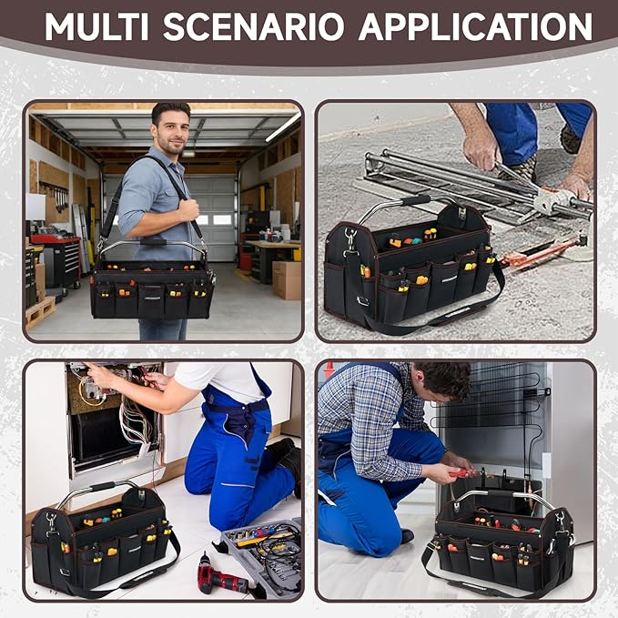 20 In Tool Carrier, Open Top Tool Tote 30 Pockets, Waterproof Tool Bag For Men, Foldable Wide Mouth Electricians Tool Bag, With Stainless Steel Handle and Removable Shoulder Strap
