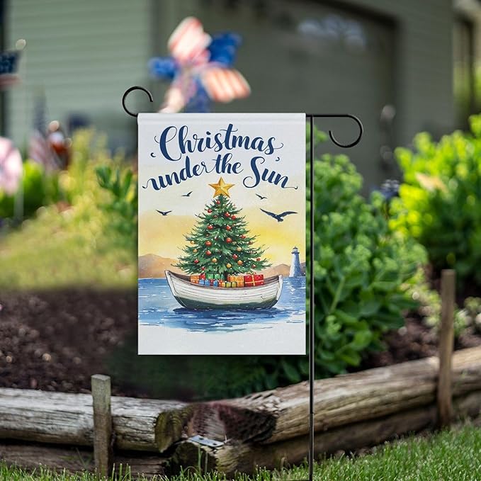 Christmas Beach Time House Flag 28x40 Inch Double Sided Outside Winter Tree Xmas Seasonal Yard Outdoor Flag Banner for Garden Lawn Patio Holiday Decorations