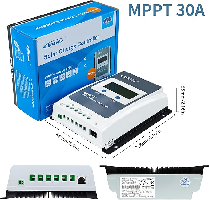 EPEVER MPPT Solar Charge Controller 30A 12V 24V Auto Max PV 100V Solar Panel Generator Tracer3210AN G3 Common Negative Regulator LCD Display for Gel AGM Flooded Sealed LiFePO4 Lithium BAT (30A MPPT)