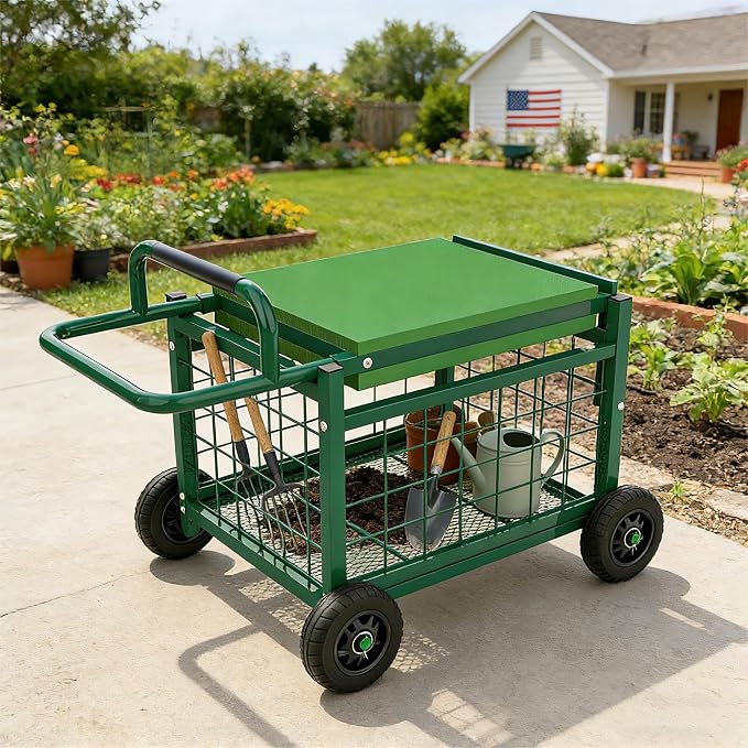 FLINTER Extra-Large Rolling Garden Cart and Kneeler, 2026 Heavy Duty Gardenning Cart with Seat and Kneeler - Garden Rolling Stools with Wheels for Seniors, Lawn, Patio & Backyard Gardening, Green