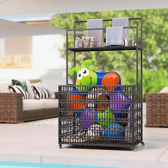 Outsunny Wicker Pool Float Storage Organizer, PE Rattan Pool Float Holder with Basket Shelf Towel Bars, Rolling Pool Caddy for Floaties, Noodles, Life Vests, Beach Balls, Brown
