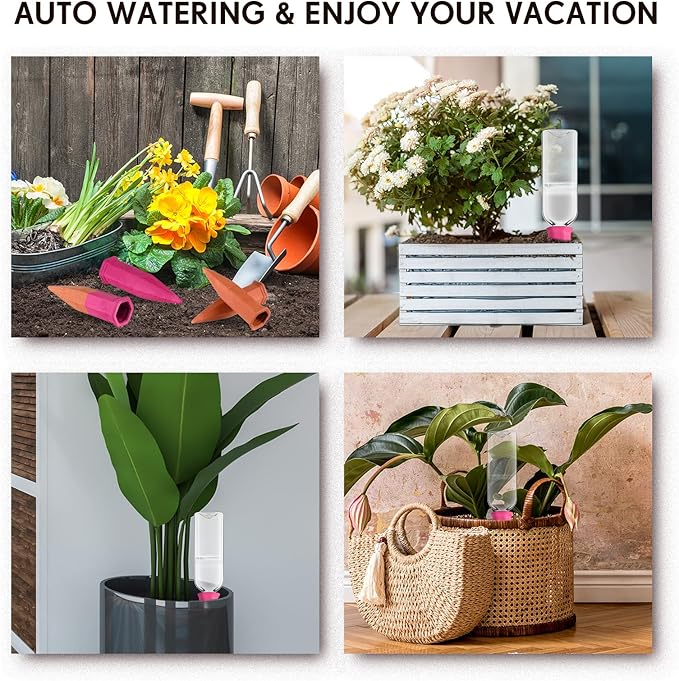 Ziliny 6 Sets Plant Watering Devices 6 Pcs Self Watering Spikes 6 Pcs 25 oz Plastic Bottles Slow Release Automatic Waterer Empty Liquor Bottles Terracotta Spikes for Vacation Plant (Pink)