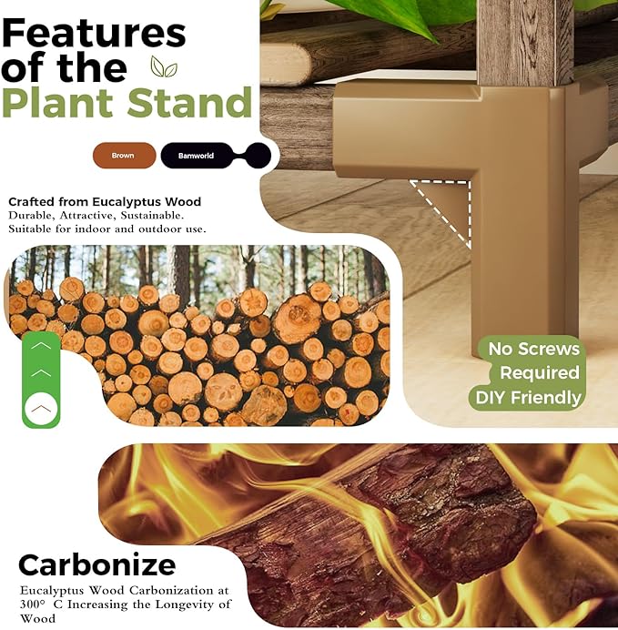Bamworld Plant Stands with Grow Lights Indoor 4 Sets Plant Shelves Outdoor Wooden Plant Holder for Multiple Plants Flower Stands for Living Room Balcony Garden Patio Lawn Window