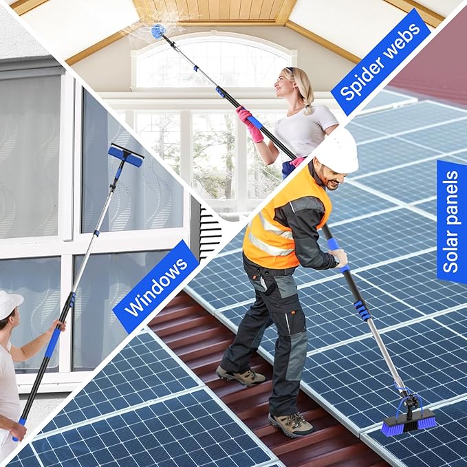Water Fed Pole Kit,Solar Panel Cleaning Brush and 20Ft Extension Pole,Window Cleaning Pole Kit for High Windows Cleaning,Cleaner Tool with 2 in 1 Window Squeegee and Cobweb Duster