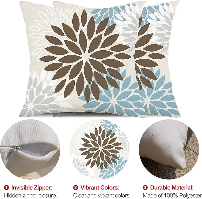 DFXSZ Brown Blue Flower Pillow Covers 16x16 Inch Set of 2 Summer Outdoor Waterproof Decor for Home Patio Funiture Garden Living Room Cushion Cover 002F16