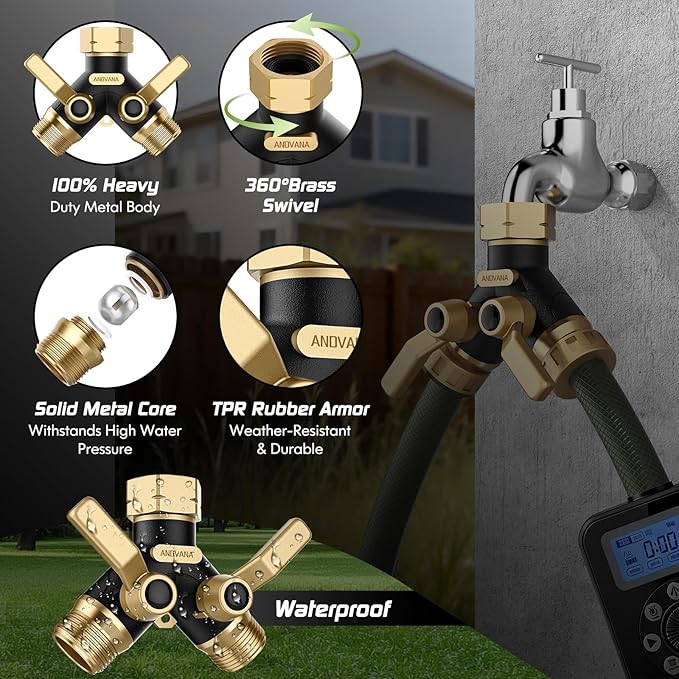 Hose Splitter 2 Way Heavy Duty,Garden Hose Splitter- Solid Brass Y Type with Dual Shut Off Valves,3/4" Standard Threads, Leak-Proof Dual Outlet Splitter for Sprinklers and Irrigation Systems