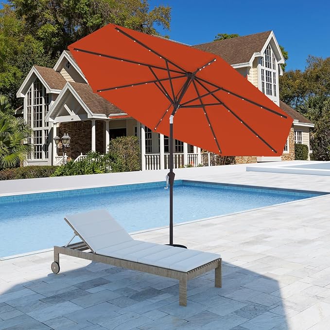 9FT Patio Umbrella with Solar Lights,Outdoor Market Umbrella with Tilt and Crank, LED Lighted Table Umbrella for Garden,Deck,Backyard,Pool,Beach