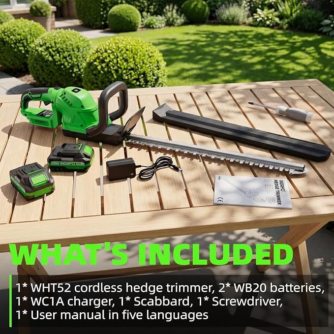20-Inch Cordless Hedge Trimmer (Includes 2 Batteries and Charger), Electric Handheld Bush Trimmer, 180° Rotatable Handle, Grass Shrub Trimmers, Lightweight & Compact Green