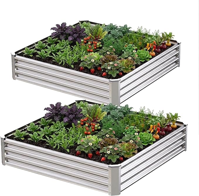 4x4x1ft-2PCS Raised Garden Bed Kit, Galvanized Planter Garden Boxes Outdoor, Metal Raised Garden Beds for Vegetables,Fruits, Flower,Silver