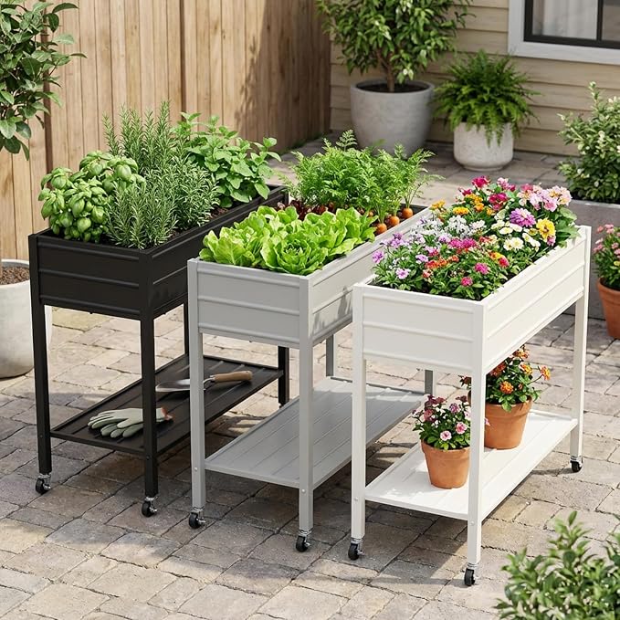 32" Tall Galvanized Raised Garden Bed with Legs Wheels & Shelf, Elevated Planter Box Outdoor for Vegetables, Herbs & Flowers, Patio & Backyard, Garden Bed with 400lb Capacity,White
