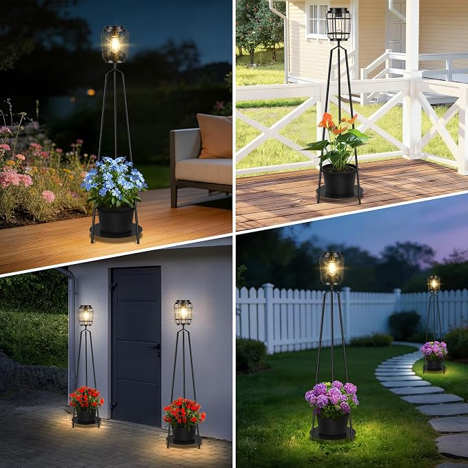 TOWPONICS 2-Pack 40.75'' Solar Lights with Plant Stands, Solar Powered Outdoor Floor Lamp with Planter, IP65 Waterproof Outdoor Lamp for Patio Deck Porch Yard Garden Decor, 8-12 Hours Lighting