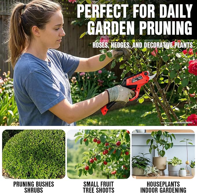 EWORK Cordless Electric Pruning Shears 4.2V Rechargeable 4000mAh Battery, 0.7 Inch Cutting Diameter, 2 SK5 Blades Tool-Free Replacement, Handheld Pruner for Garden Tree Branch Trimming