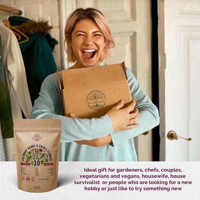 Organo Republic 30 Culinary Herbs & Edible Flower Seeds Variety Pack- Indoor/Outdoor. 7400+ Non-GMO Heirloom Flower Seeds: Basil, Borage, Echinacea, Lavender, Oregano, Rosemary Seeds & More