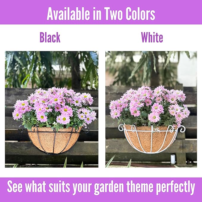 Shoplala Wall Hanging Planter for Outdoor (2 Pack, 10 Inch) Black Metal Hanging Flower Basket for Plants, Wall Planters with Coco Liner Indoor Wall Mounted Plant Holder Outside Balcony Fence Rail Deck
