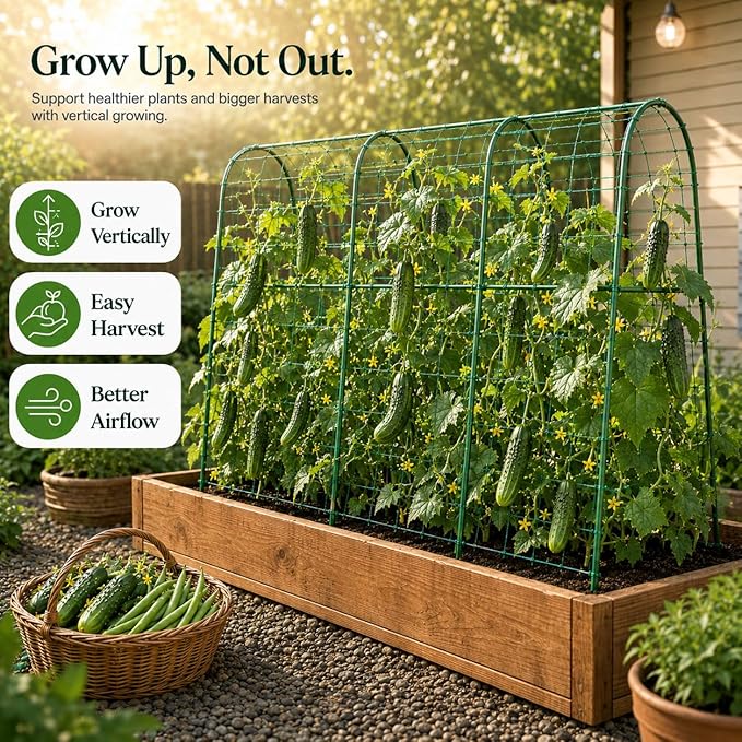 FOLLOOK Cucumber Trellis for Raised Garden Bed, Rustproof Metal Garden Arch Trellis for Climbing Plants Support Outdoor Fruit Grape Vine Vegetable Tomato Bean Pea Trellis, 63x48inch, Green