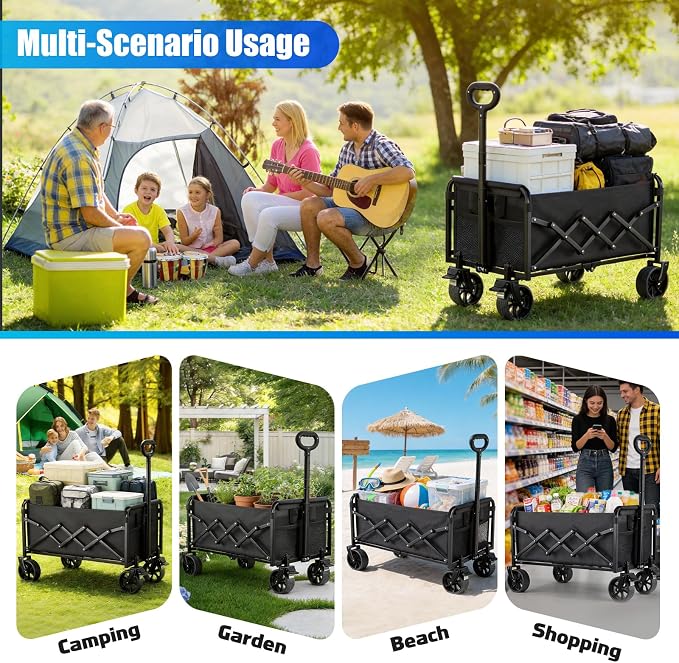 Collapsible Wagon Cart Foldable with Wheels - 280LBS Large Heavy Duty Folding Utility Wagon with All-Terrain Wheels & Brakes for Shopping Garden Beach Camping, 2 Drink Holders/Lightweight/Black