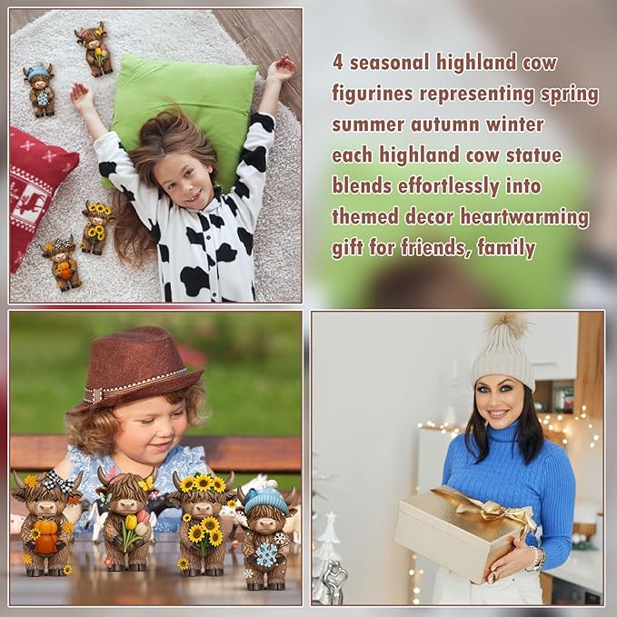 Simgoing 4 Pcs Seasonal Highland Cow Figurines, Spring Summer Fall Winter Gnomes 4 Seasons Highland Cow Home Decor Table Centerpieces Scottish Resin Statue Calf Gifts for Home Garden Kitchen Office