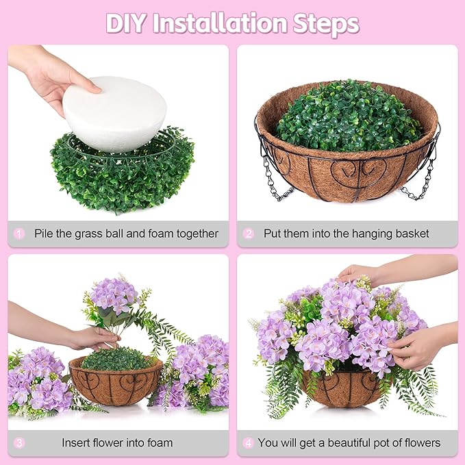 Ammyoo Artificial Flowers in Hanging Basket Planter for Home Spring Summer Decoration, Silk Hydrangea Outdoor Indoor Arrangements, 12" Metal Coconut Lining Basket with Faux Plant(Light Purple)