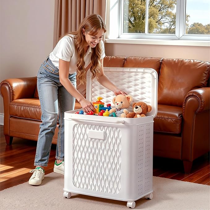VECELO Deck Box, Outdoor Storage Box with Wheels and Lid, Waterproof Storage Bin for Package Delivery for Patio Furniture, Garden Tools, Pool Supplies, Foldable, White, 19.3" x 13.8" x 25.0"