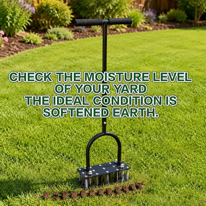 Lawn Aerator, Automatic Dirt and Leaf Clean Design, Heavy Duty Manual Lawn Aerator Tool with 15 Iron Spikes, Height Adjustable, Yard Grass Aerator for Lawn.