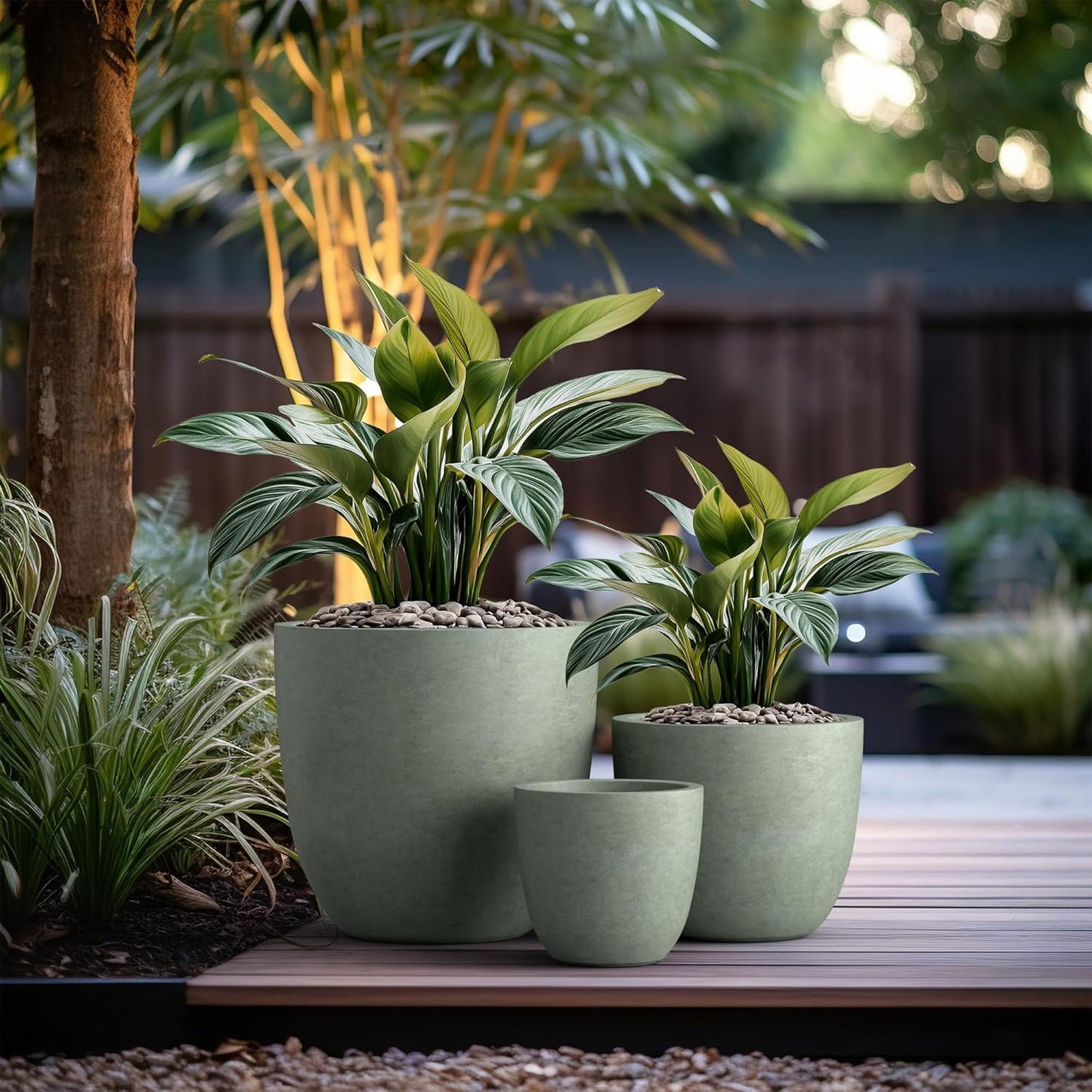 Kante 18",14",10" Dia Concrete Round Planters (Set of 3), Outdoor Indoor Large Planter Pots with Drainage Hole and Rubber Plug for Home Patio Garden, Mint Green