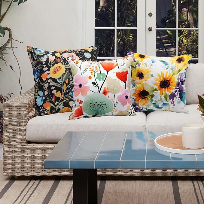 Pack of 2 Waterproof Outdoor Pillow Covers 18x18 Inch Spring Summer Sunflower Pillow Covers Decorative Square Patio Pillows Outdoor Pillows Covers for Patio Furniture Garden(No Pillow Insert)