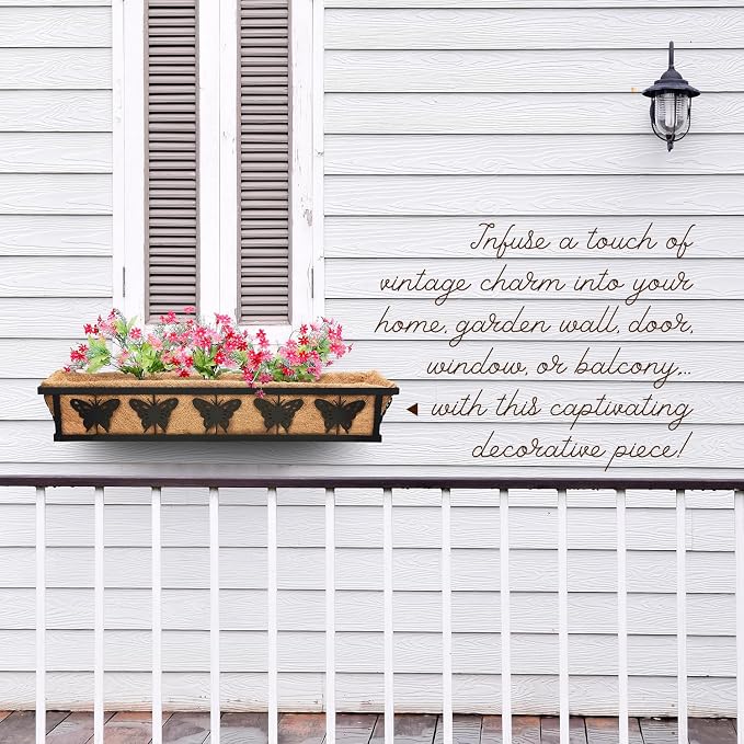 Window Box Railing, 24IN Black Metal Hanging Flower Planter Basket with Coco Liner for Outdoor Balcony Porch Fence Patio for Home, Office and Hotel (Black - 2 Pcs/Set)