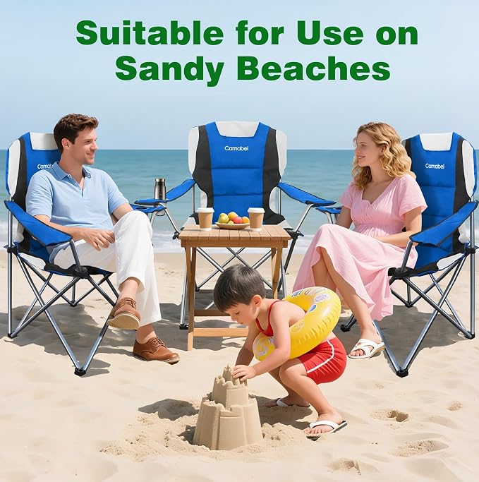 Camabel Folding Camping Chairs Oversized Heavy Duty 400 LBS Sturdy Beach Chair Portable Outdoor Lawn Chairs High Padded Back with Cup Holder Carry Bag for Sporting Hiking Picnics Fishing Concerts Blue