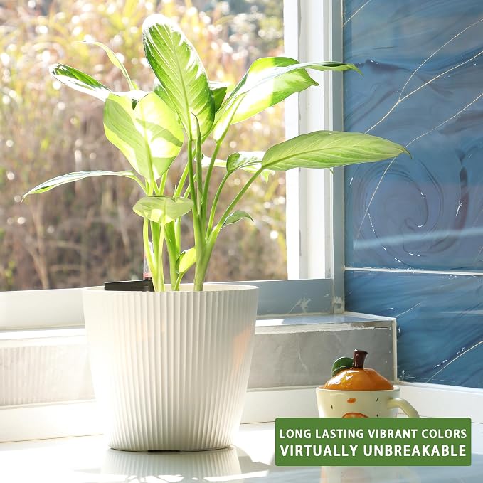 Dexceder 9x8 Self Watering Planters Indoor (2 Pack, White) | Inner Mat Design, Table Flower Plant Pot with Water Level Indicator