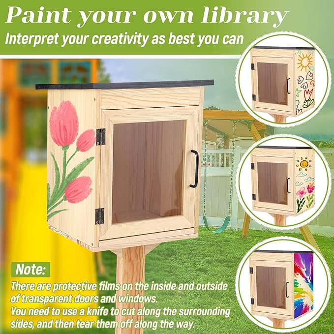 Wonderjune Outdoor Little Library Kit Free Library, Weatherproof Solid Wood Book Exchange Box with Floor Plugs and Small Flower Fence for Neighborhoods Community, Literature, School(Natural Wood)