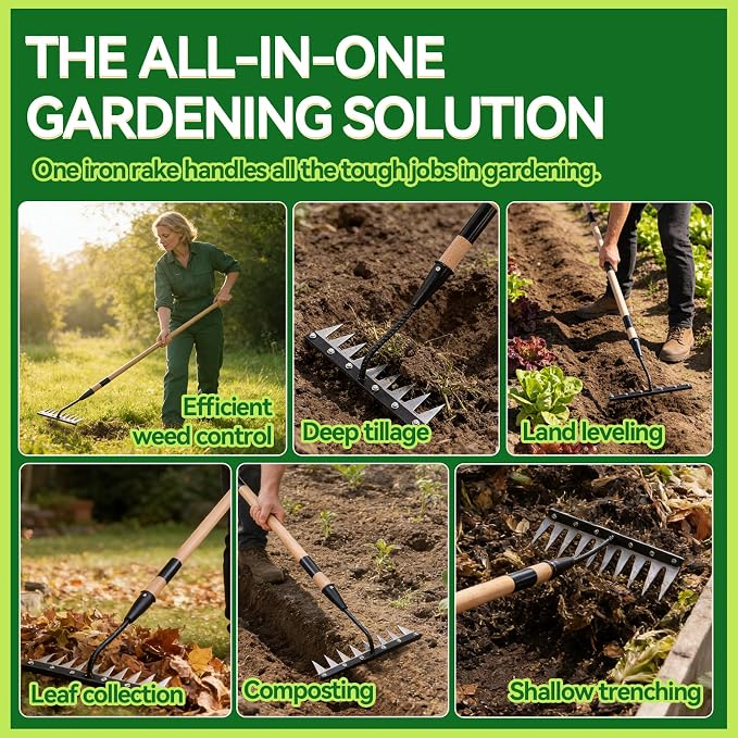 Gardenia Iron Weeding Rake with Handle 3.0, Heavy Duty Iron Rake for Gardening and Weeding, 2026 Upgraded 9-Tine Garden Weed Puller Tool, Garden Weed Rake Tool for Removing Weeds, Soil Aeration