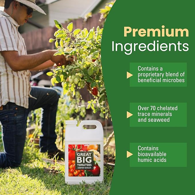 Great Big Tomatoes Soil & Fertilizer Booster for Big Vegetable Yields, Better Fertilizer & Plant Food Efficiency, & Garden Performance. Perfect for Beginners. 2.5 Gallon Concentrate (Makes 80 Gallons)