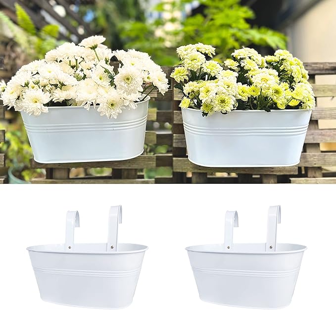 LaLaGreen Bundle- 2 Pack, 9.8 Inch + 4 Pack, 16 Inch White Metal Pot Window Hanging Flower Bucket Railings Fence Outdoor Herb Plant Boxes with Hook Wall Mount Boho Style Garden Porch Patio Deck Decor