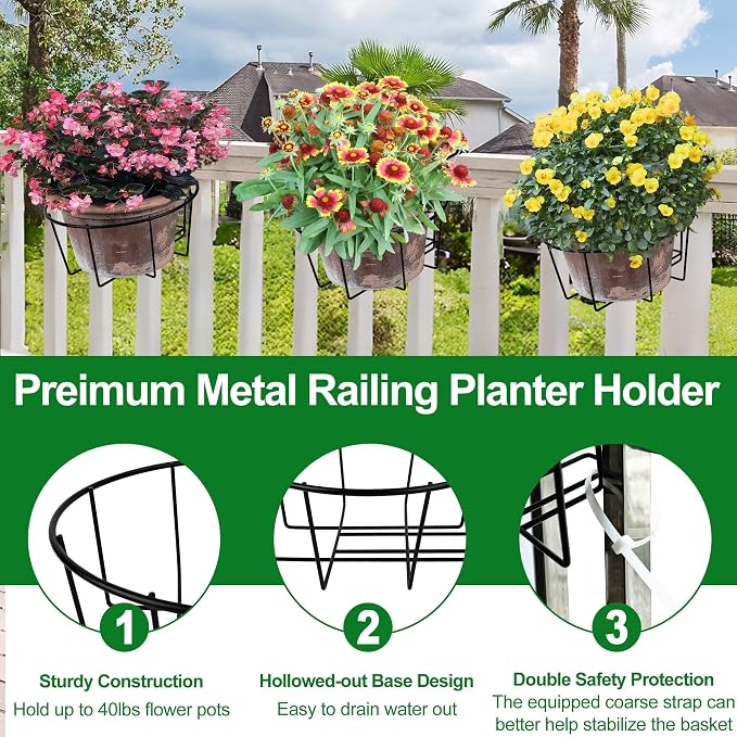 Adjustable Hanging Railing Planter, 3 Pack Fit 1.5 to 4.5 Inches Railing, Weather-Resistant Metal Balcony Rail Planters, Work for Outdoor Fence Deck Garden Patio Halloween Christmas Decor