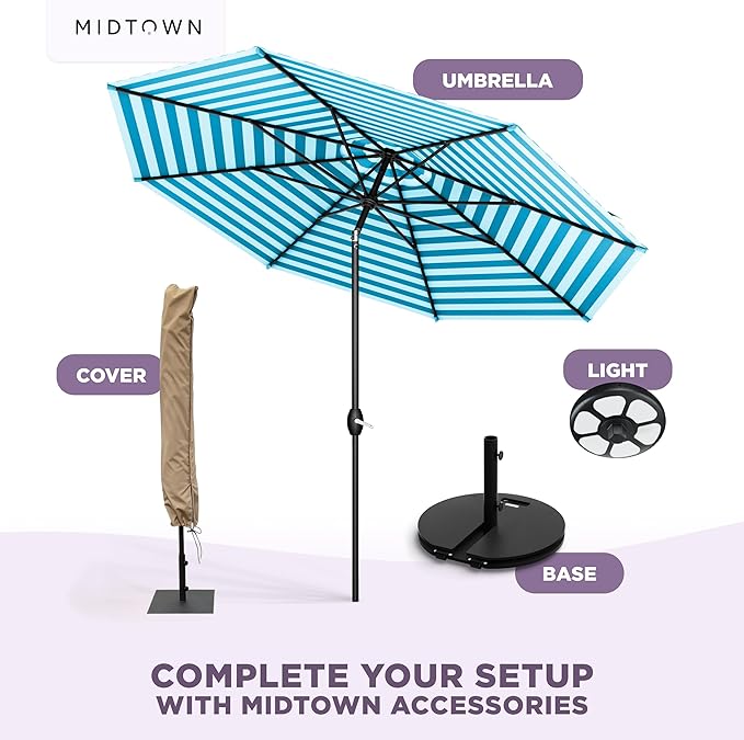 Midtown Umbrellas The Lean 9 Feet Outdoor Umbrella With Terylast Cobalt Stripes (Blue/White Stripes) Polyester Fabric - Auto-Tilt Aluminum Frame Patio Umbrella For Deck, Garden, Pool - Black Pole