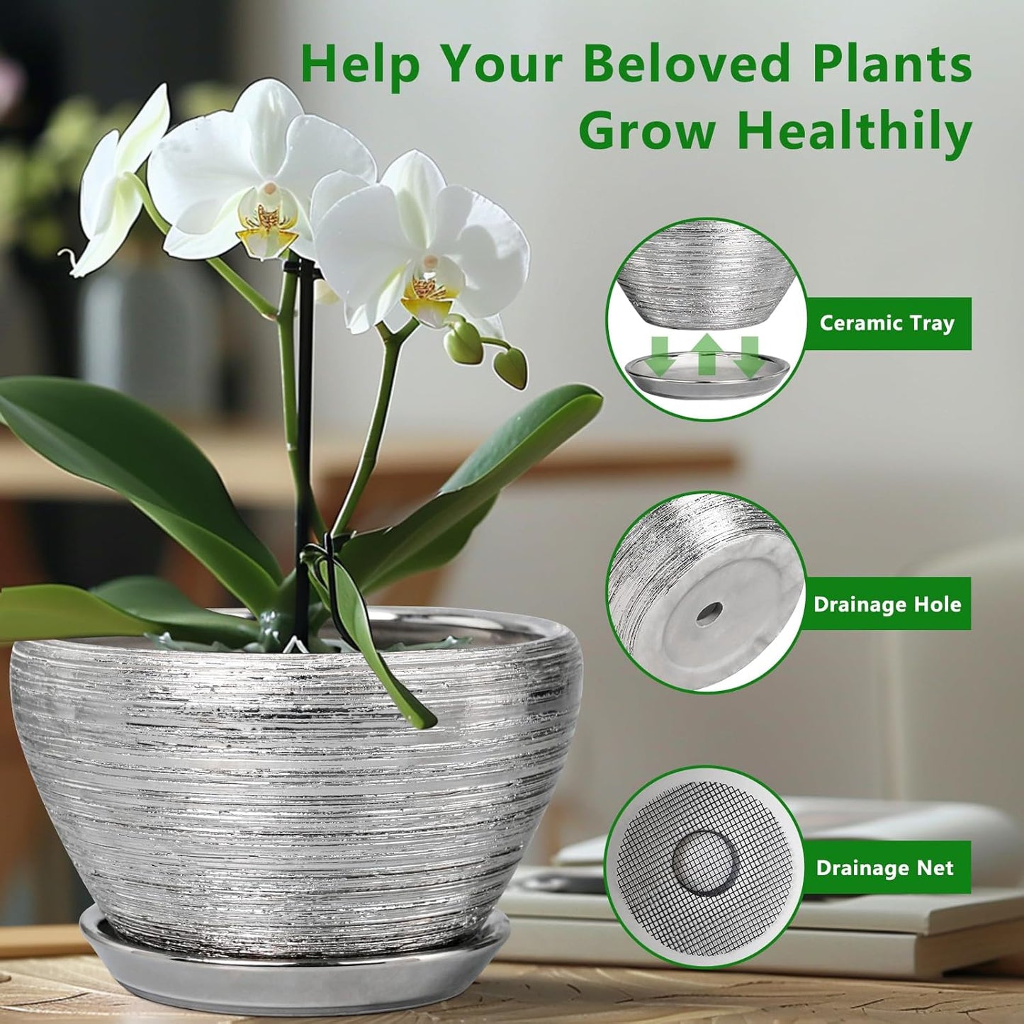 Flower Pot for Indoor Plants - Ceramic Planter 11 Inch Plant Pot with Drainage Hole and Saucer Large Decorative Planter Outdoor Mid-Century Planter for House Decor Silver
