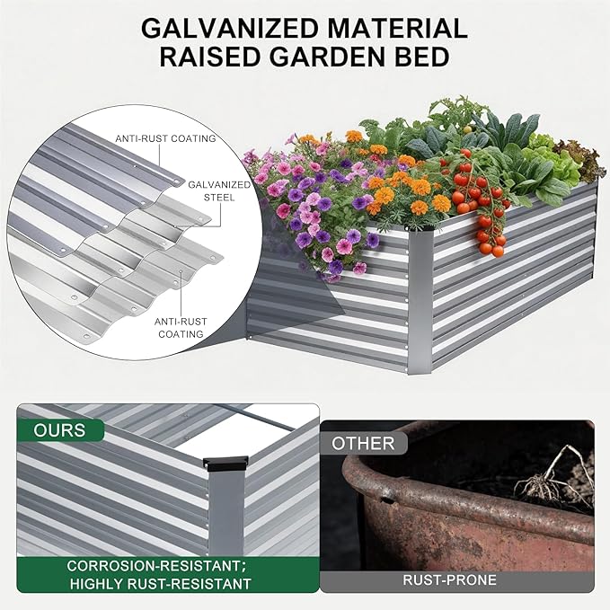 STBoo 6x3x2FT Galvanized Raised Garden Bed, Outdoor Metal Raised Planter Box for Vegetables, Elevated Rust-Resistant Rectangle Gardening Container Kit with Reinforced Panels for Backyard,Patio(Silver)