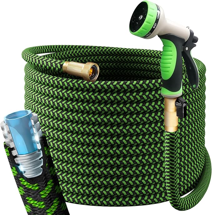 PowerFlow Garden Hose, NON-EXPANDABLE 100ft Premium Quality Stainless Steel Metal Water Hose with Durable Fabric Skin, Hose For Commercial, Residential Use, Bonus 10-way Spray Nozzle (100 Ft, Green)