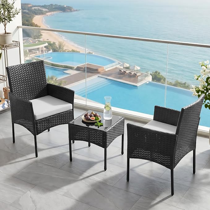 Sweetcrispy 3 Piece Patio Furniture Set, All-Weather Outdoor Conversation with Removable Cushions & Tempered Glass Table, Small Wicker Bistro Set for Balcony, Porch, Backyard, Deck, Black