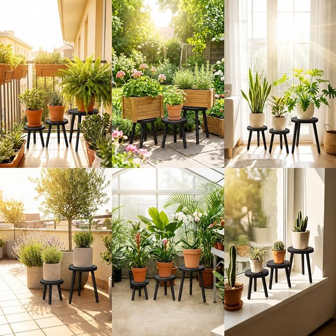Amdermi 3-Pack4-pack Wood Plant Stands Indoor, Single Plant Stand for 6-12 Inch Pots, Mid-Century Modern Plant Stool, Tall Plant Stand for Large Plants for Living Room, Balcony, Office (3, black)
