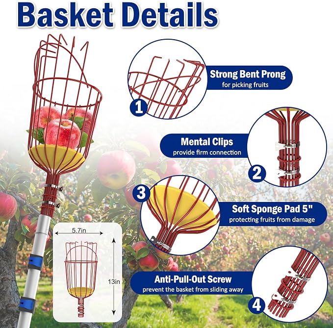 26FT Reach Fruit Picker Pole with Basket Telescoping, 5-20FT Extendable Aluminum Apple Picker for Picking Avocados, Figs, Mangoes, Citrus Fruits - Durable Harvesting Fruit Catcher for Trees
