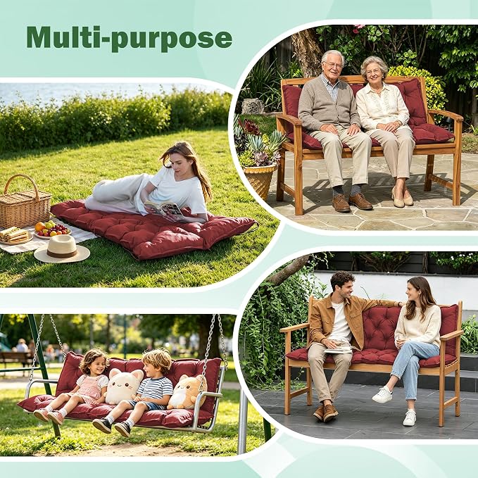 Porch Swing Cushions, 40x40 Inch Swing Cushions for Outdoor Furniture, Waterproof 2 Seater Patio Seat Cushion with Backrest, Replacement Bench Cushion for Glider, Settee, Burgundy