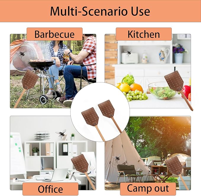 DEBETOOL Fly Swatter Set - 2 Pack Wooden Leather Fly Swatter with Hanging Rope, Heavy Duty Fly Swatter for Indoors and Outdoors (2 Brown)