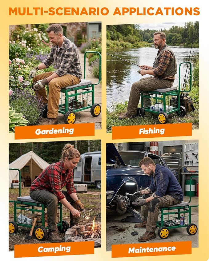 Saker Rolling Work Seat with Wheels - 15.7'' EVA Padded Stool, 400 lb Steel Frame, Large Storage Basket - Patio Lawn Backyard Cart for Gardening Tasks (Luxury Version)