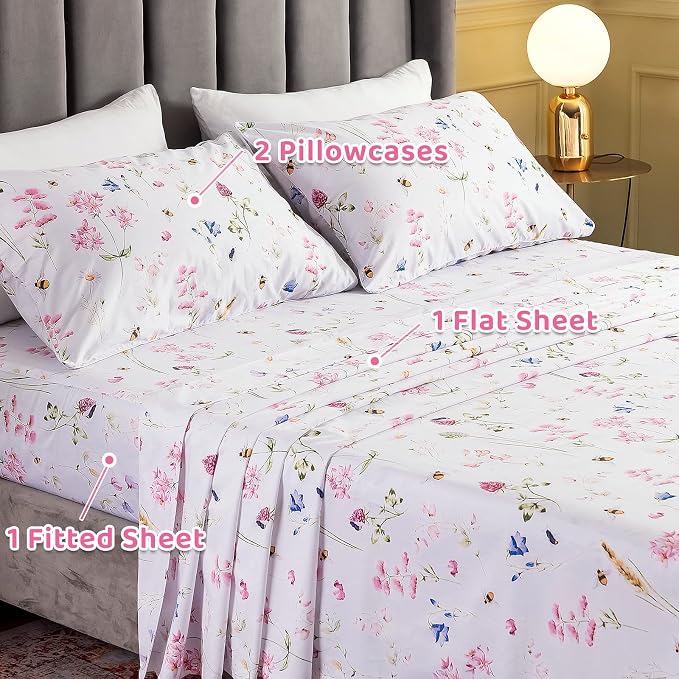QSH Floral Bed Sheets Set Queen Size - Shabby Flower Bee Print Bed Sheet Set - Extra Soft and Breathable 100% Egyptian Cotton - 4 pcs Deep Pockets Flower Bed Sheets Queen Size Sets
