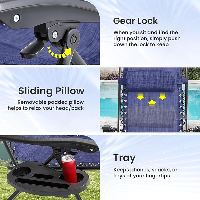 Zero Gravity Chair Set of 4 Oversized Folding Recliner, Padded Anti Gravity Lounge Chair with Adjustable Pillow & Cup Holder for Outdoor Camping, Patio, Poolside, Lawn (Blue)
