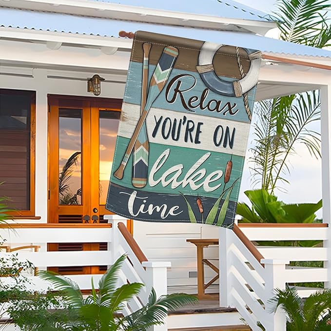 Dyrenson Relax You're on Lake Time 28 x 40 House Flag Double Sided, Spring Summer Lakehouse Paddle Life Buoy Garden Yard Decorations, Farmhouse Burlap Outdoor Decor Decorative Large Flag