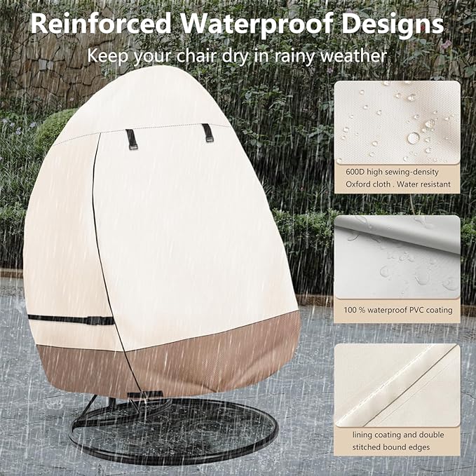 okcool Patio Hanging Egg Chair Cover, Waterproof Heavy Duty Outdoor Double Seat Swing Egg Chair with Stand Cover(Beige & Brown, 66″W x 43″D x 68″H)
